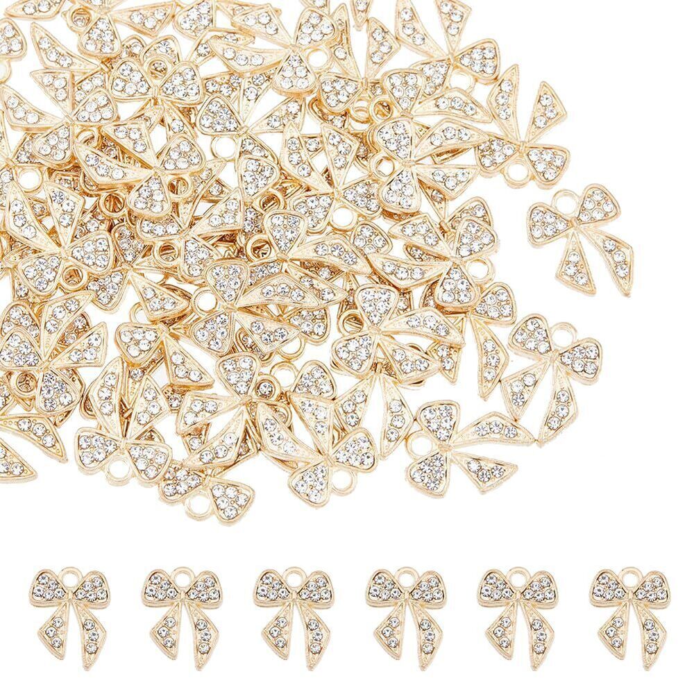 4853 60Pcs Gold Bow Charms Shiny Rhinestone Bowknot Charms Cubic Zirconia